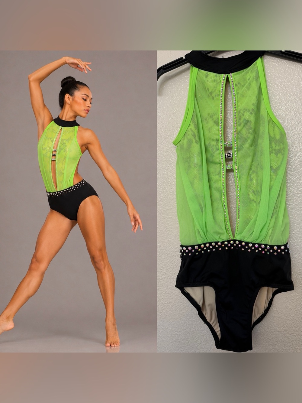 Kandi Kouture dance costume neon green custom rhinestoned contemporary SA adult